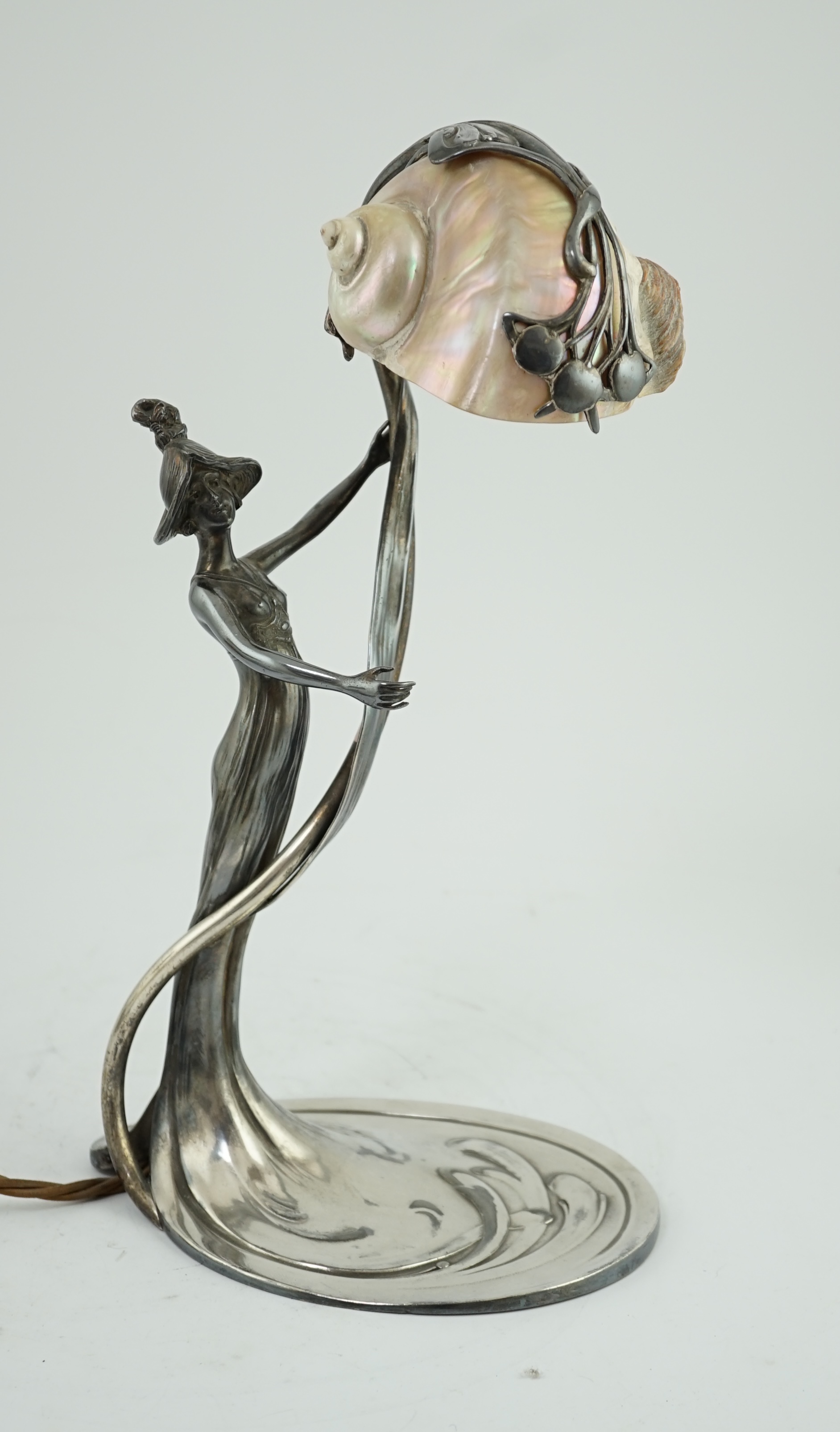 An Art Nouveau electroplate shell mounted figural table lamp, by Moritz Hacker, c.1900